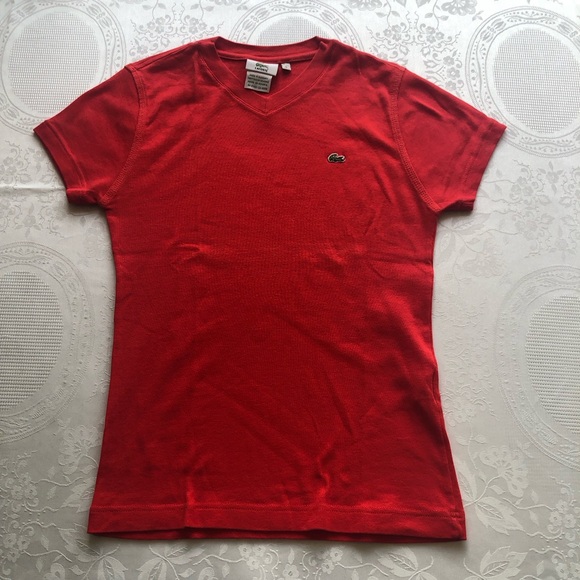Lacoste Girls Size 38 (6) (XS-S) Red V-Neck T-Shirt Short Sleeves Logo Casual - Picture 11 of 15